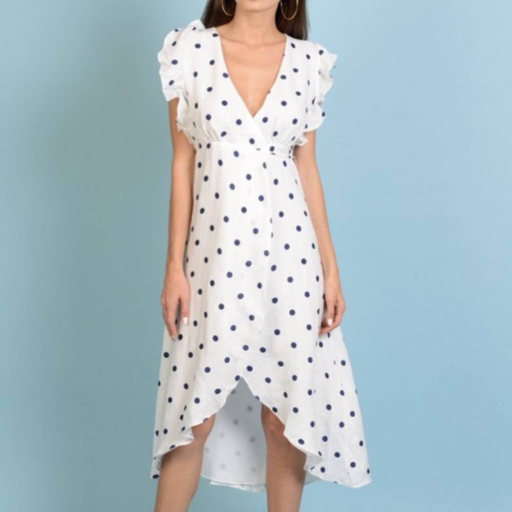 White/Navy Polka Dot Wrap Dress Sz:M